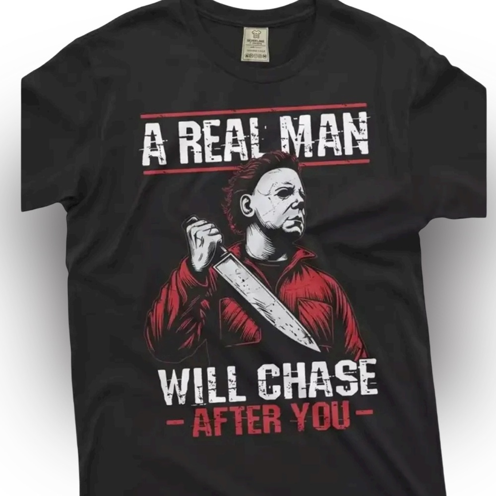 Men’s (unisex)  Black T-Shirt “Real men will chase after you”